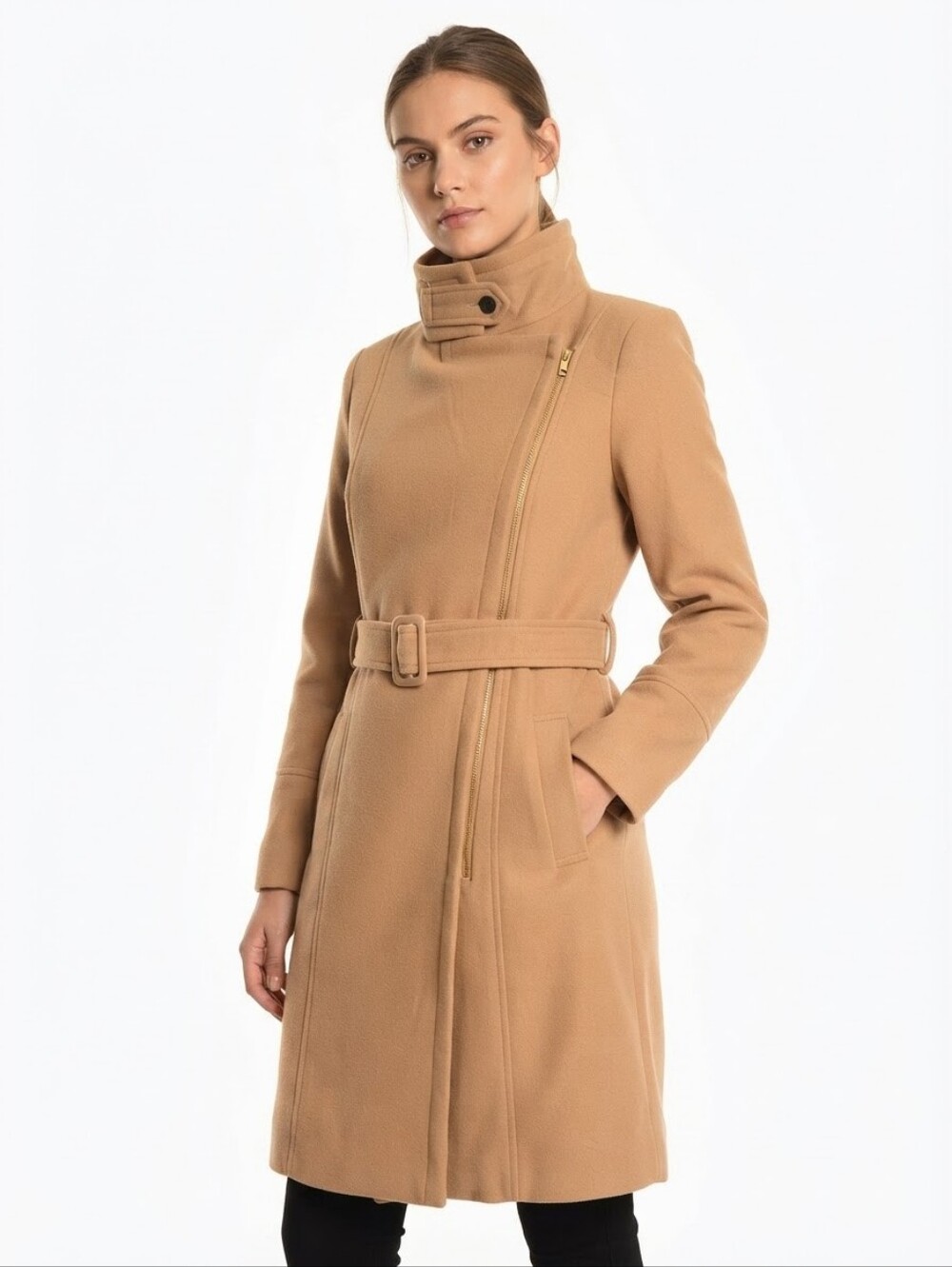 Sheinside Camel Fleece Trench Coat Asymmetric Zip Belted Jacket Size L Juniors
